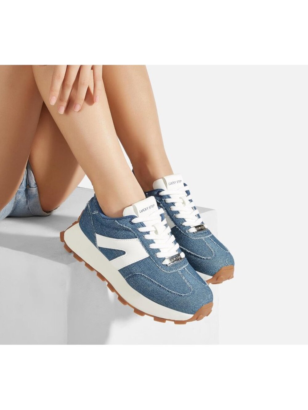 Women's Denim Blue Retro Classic Stylish Lace Up Tennis Running Walking Sneaker - Picture 3 of 7
